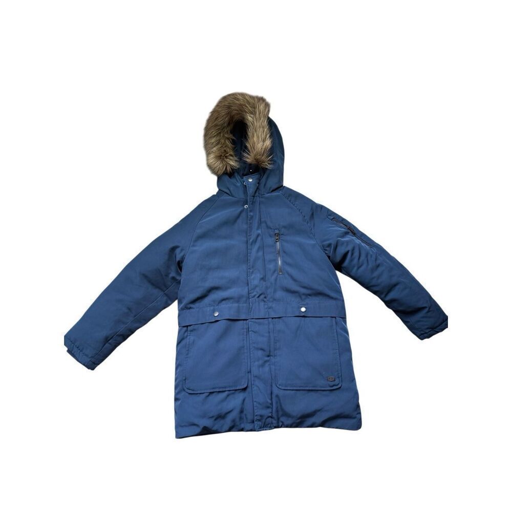 Zara Kids Navy Blue Faux Fur Trim Hooded Full Zip Down Parka Jacket Size 11/12
